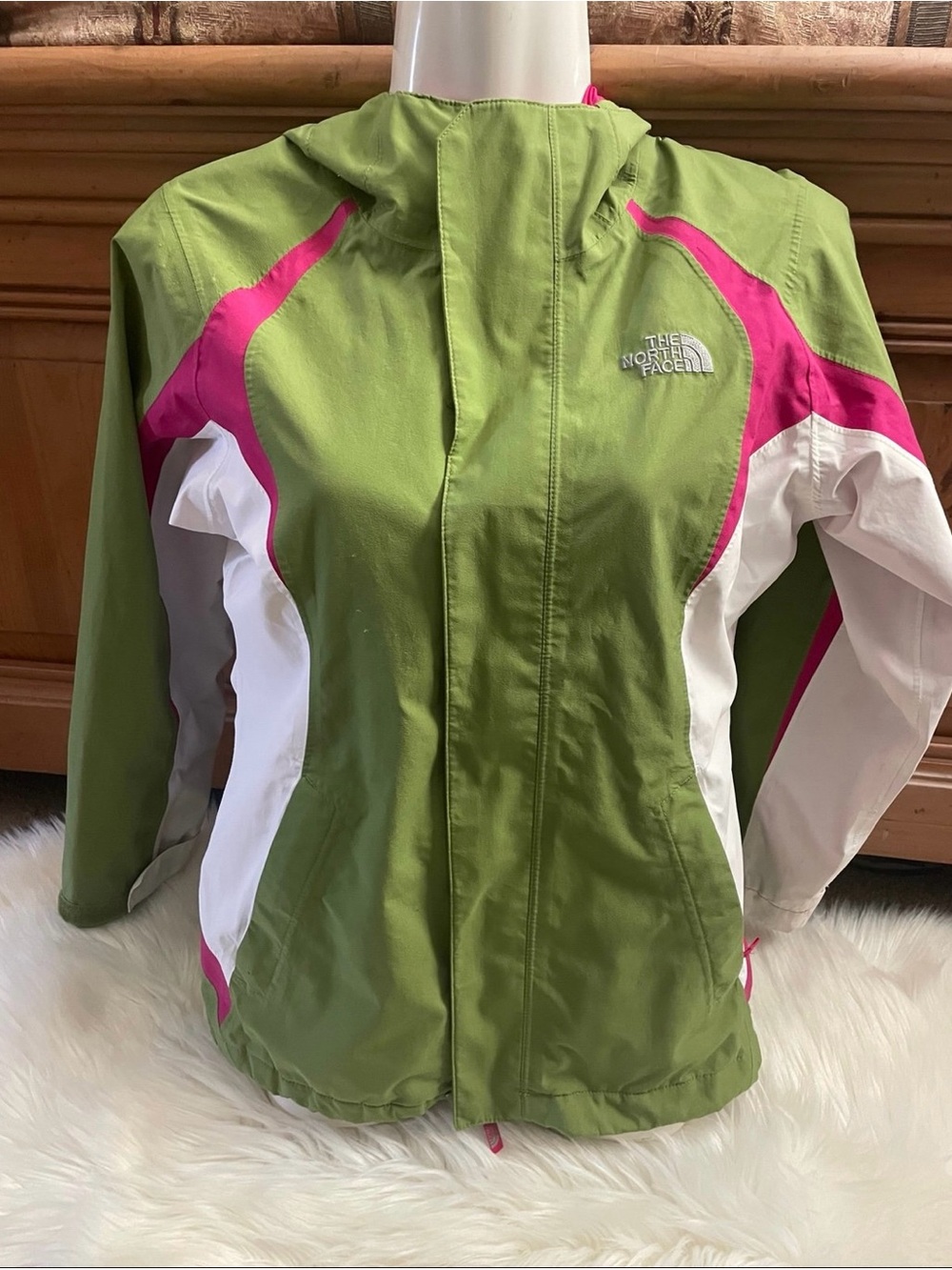 The North Face Olive Green, Pink & White Hooded Kids Ski Jacket